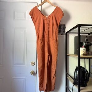 EVE GRAVEL rust orange linen blend short sleeveless cropped jumpsuit